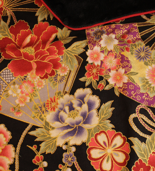 Foulard en coton japonais noir motif fleurs éventails / Le petit atelier de Maya