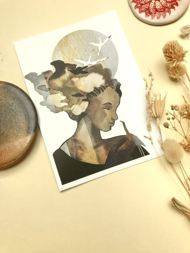 Carte postale A6 illustration "la femme aux grues"