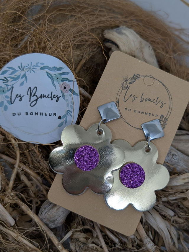 Boucles d&#039;oreilles fleur rétro m1121 argenté violet paillettes 