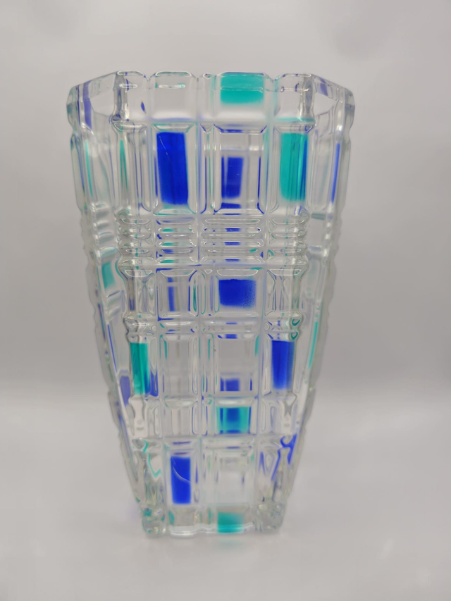 Vase en verre décor vert et bleu