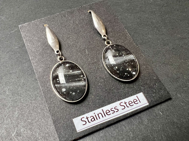 Black &amp; Silver Oval Drop Earrings | Stainless Steel