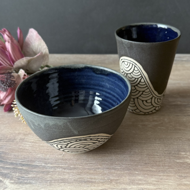 Stoneware Tumbler & Cereal Bowl Set, minimalist clean design, black | wheel-thrown, hand-drawn wave patterns inspired by Japanese patterns