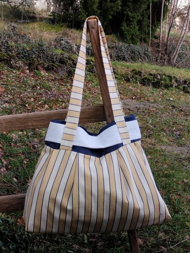 Fourre-tout toile rayée bayadère doublé grand ruban-foulard lin blanc