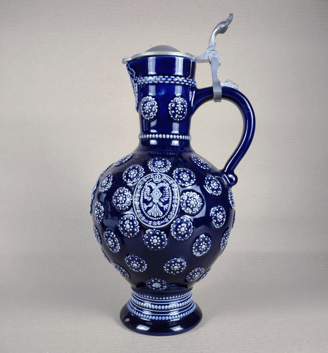 Marzi &amp; Remy | Bierkan Wijnkan Drankkan Bewerkt keramiek Tinnen deksel (diameter 15 | hoogte met deksel 31 cm) Kobalt blauw Zilver | Vintage