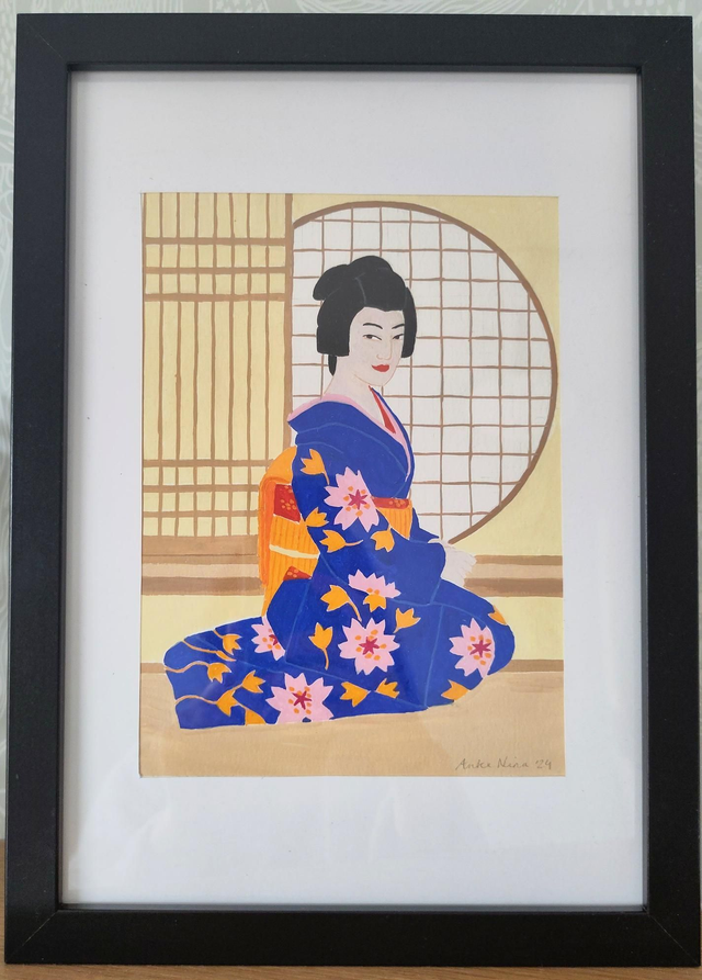 Origineel schilderijtje "Japanse vrouw"