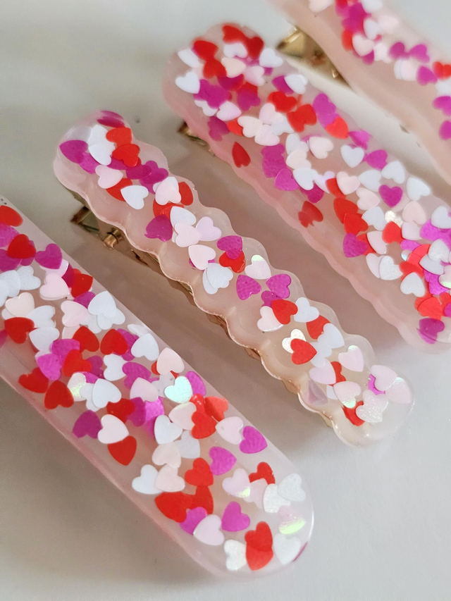  SET 4 BARRETTES COEURS ROUGES &amp; FUSCHIAS