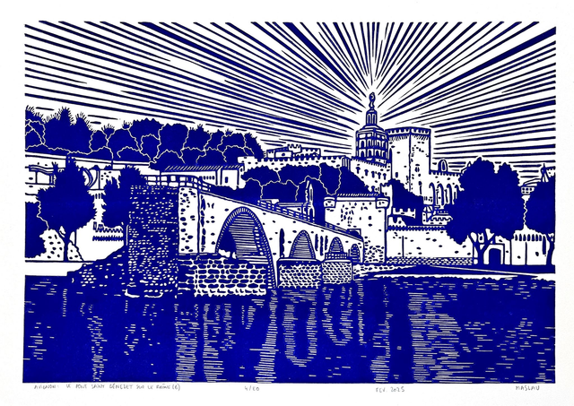 Avignon : le Pont Saint-Bénezet sur le Rhône  • Linogravure bleue 21 x 30 cm