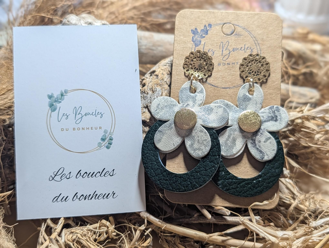 Boucles d'oreilles Baby Marguerite gris argenté vert foncé bm009