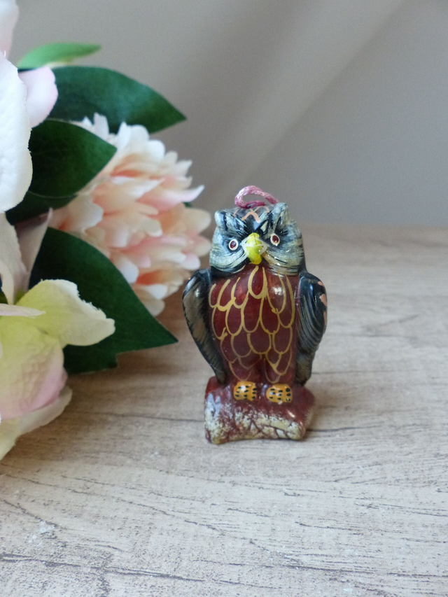 Figurine ancienne miniature chouette/ Hibou à accrocher céramique peint à la main décoration à suspendre pour fête