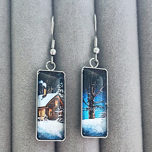 Snowy Cabin & Tree Drop Earrings