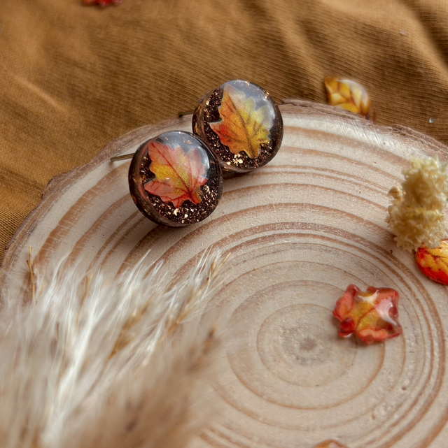 Autumn Leaf Stud Earrings - Deep Bronze, Copper and Red