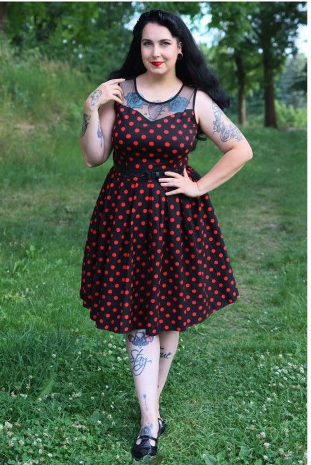 Elizabeth Swing Dress in Black/Red Polka nur in 36