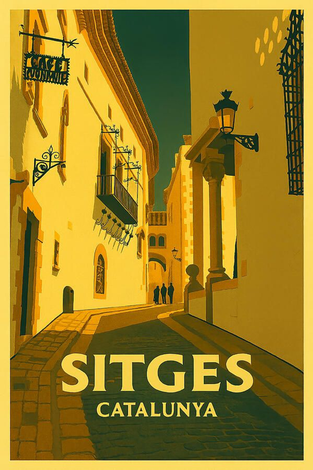 Póster antiguo de Sitges del Palacio Maricel, calle encantadora de Sitges
