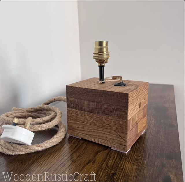 Country Style Solid Oak Lamp Base — Vintage Brass Fitting