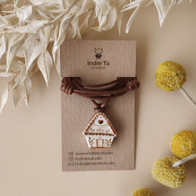 Rustic Ethno House Necklace - Air-Dry Clay Pendant Jewelry - Unisex Charm;