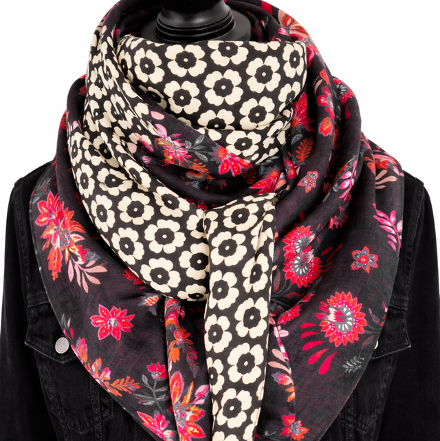 Foulard triangle — Noir Floral &amp; Crème Graphique