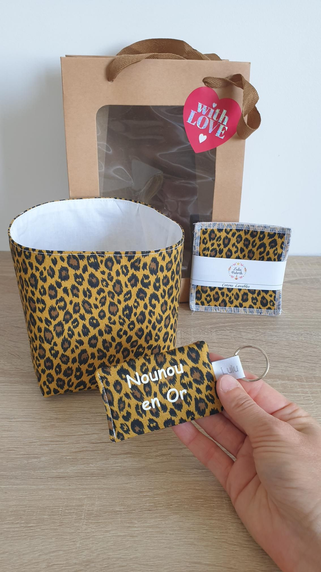 Coffret: panier +4 cotons + porte clés Nounou en Or (léopard 🐆) 
