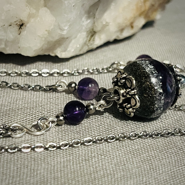 Crystal Energy Sphere Drop Pendant with Amethyst Quartz/metal shavings & Infinity Symbol