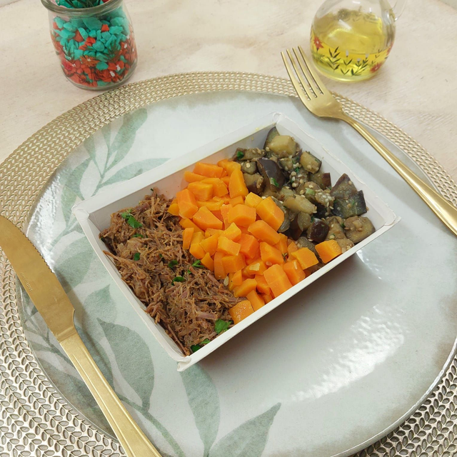 Carne desfiada bovina + Cenoura dorê + Berinjela