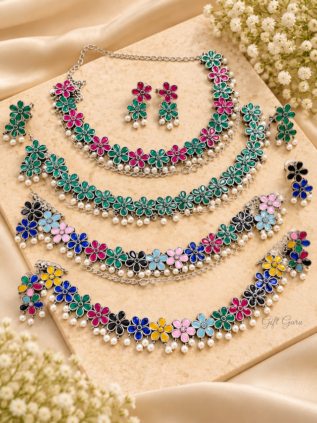 Oxidised silver floral choker necklace set with traditional jhumka earrings