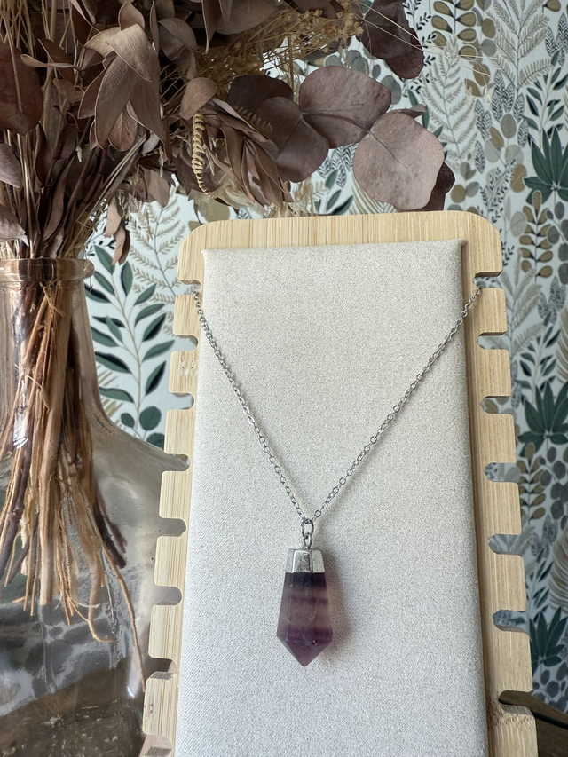 Collier Pointe de Fluorine sur Chaine en Inox couleur argentée