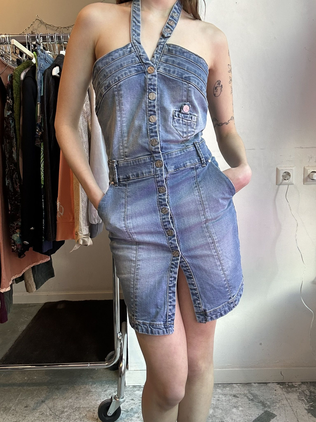 y2k denim halter mini dress