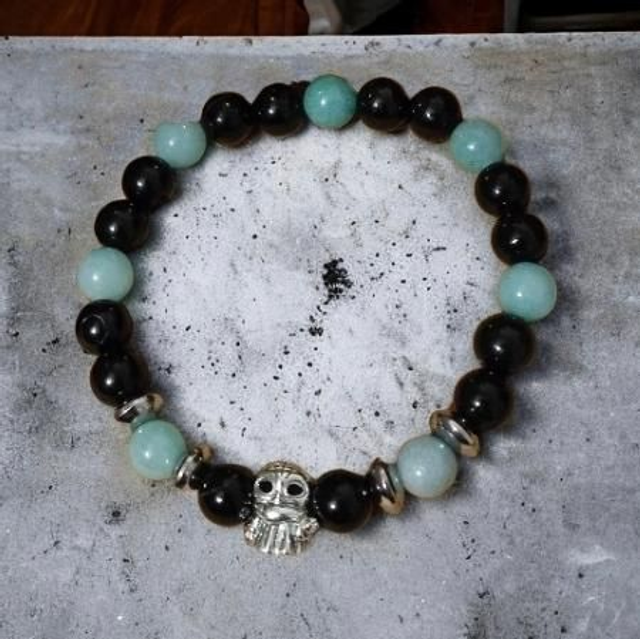 Bracelet Pandolith Homme Onyx et Amazonite  Grogu breloque argent 925