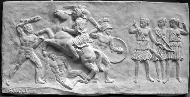 Battaglia nella Grecia antica su base di legno cemento bianco - Battle in ancient Greece on a white concrete wood base