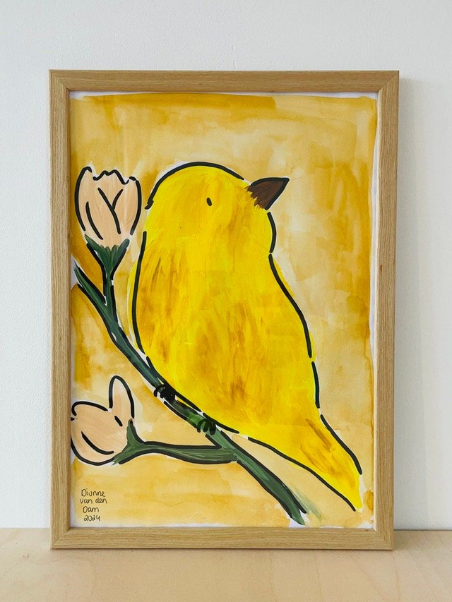 Schilderij gele kanarie, 21 x 30 cm