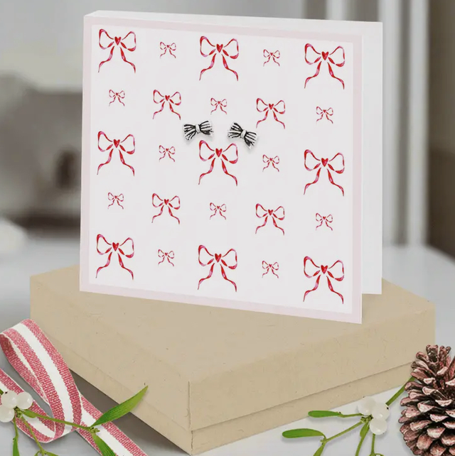Christmas Bow Card - Sterling Silver Bow Stud Earrings 