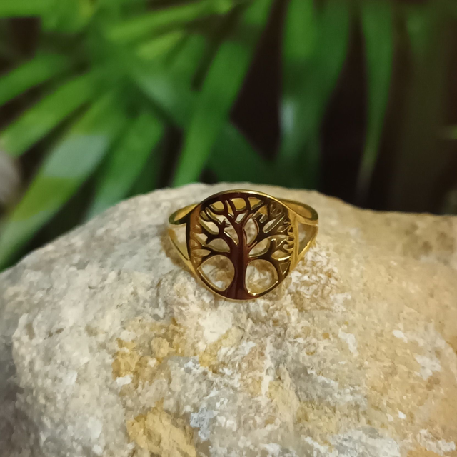 Bague ajustable arbre de vie dorée en acier inoxydable