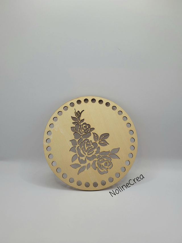 Base ronde en bois 15cm motif fleur, base ronde bois pour crochet et tricot