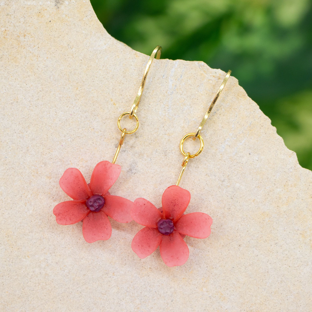 Kirschblüten-Ohrringe oder Halskette "Sakura", korallenrot, handgemacht aus Polymerton und nickelfreiem Edelstahl