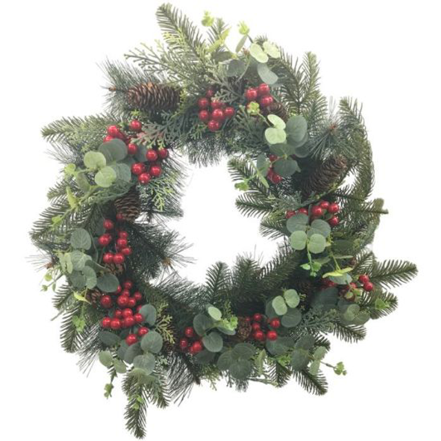 60cm Artificial Christmas Wreath with eucalyptus, spruce, pine cones and holly berries