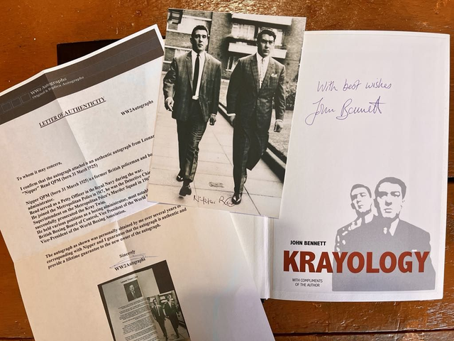 Limited edition hardback KRAYOLOGY, signed by author John Bennett and signature of Nipper Read on a photo of the Krays