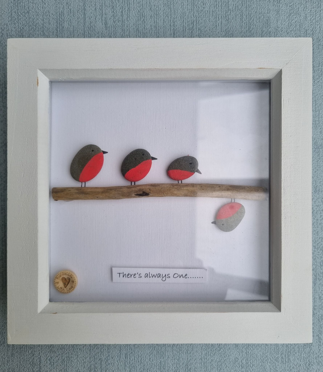 Irish, Hand Crafted Pebble Art Robin Picture &#039;There&#039;s Always One...&#039;