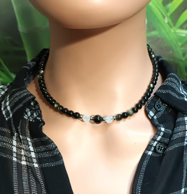 Collier en obsidienne dorée et cristal de roche