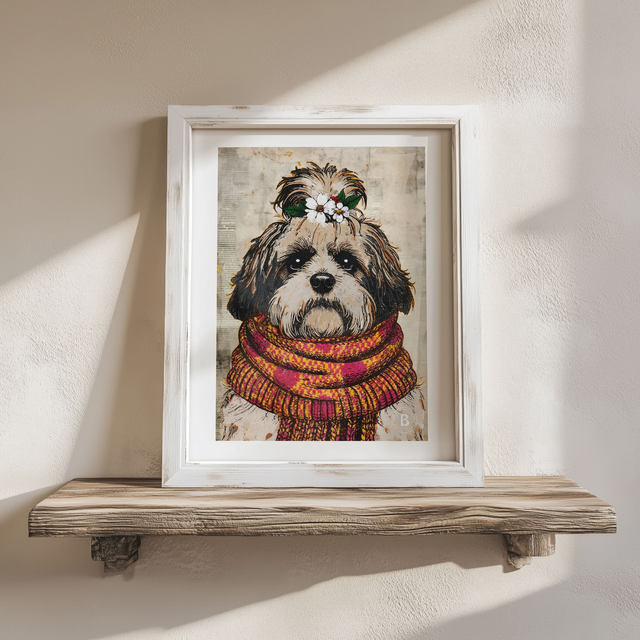 Shih Tzu Dog In Floral Mixed Media Art Print A4
