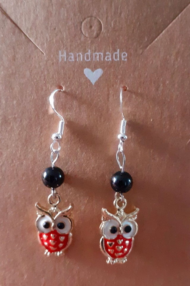 BOUCLES D OREILLES HIBOUX ROUGES AVEC OBSIDIENNE