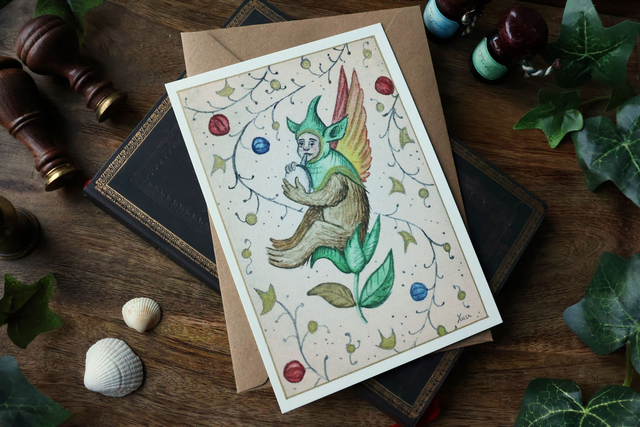 Carte postale médiévale- fée lutin – Aquarelle &amp; dorures à la main – 10,5x15 cm avec enveloppe 