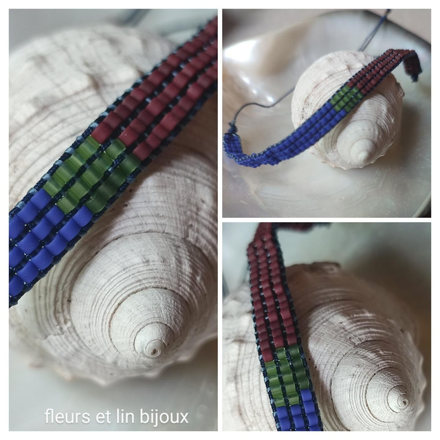 Bracelet tissé main en perles de verre miyuki bleu Klein,vert, bordeaux réglable en fil de jade résistant 