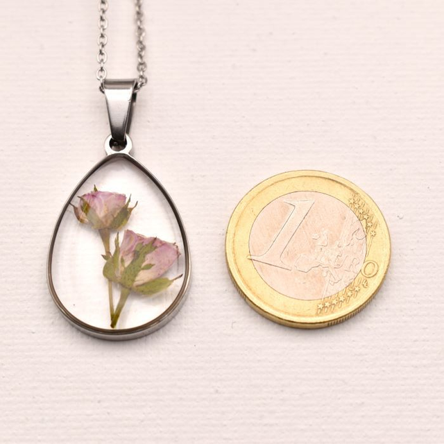 Tiny pink rosebuds in drop pendant