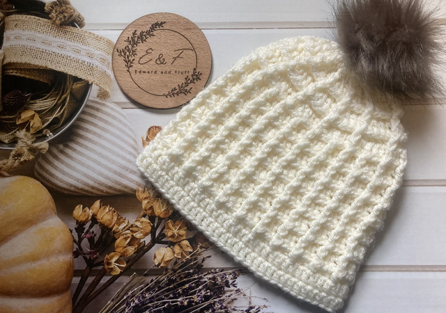 Handmade hat, Cream coloured Aran crochet hat with bobble for adults. 