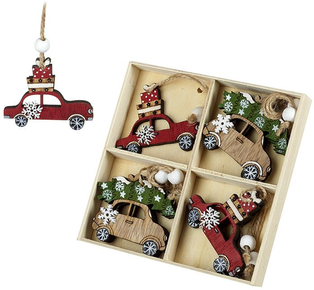Hanging Wooden Car Christmas Decorations - Set of 8