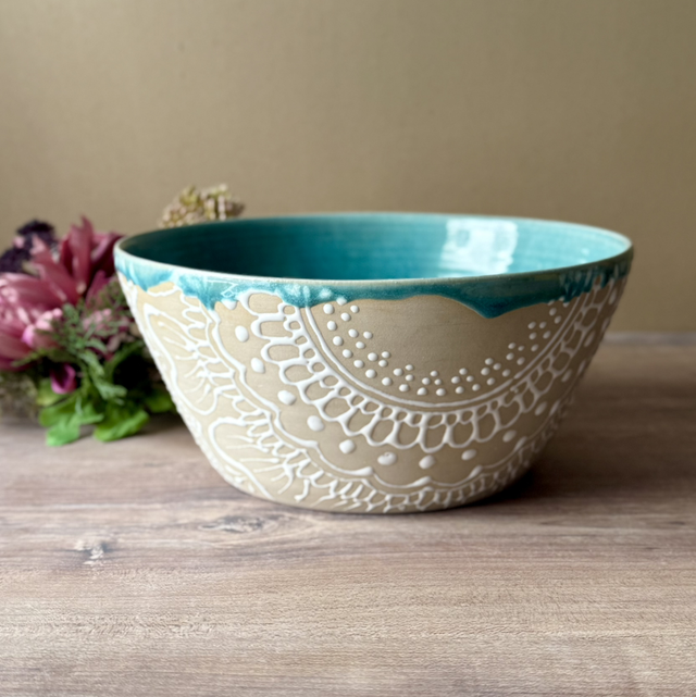 One-of-a-kind ceramic bowl / fruit bowl / large serving bowl, turquoise with white flower decor