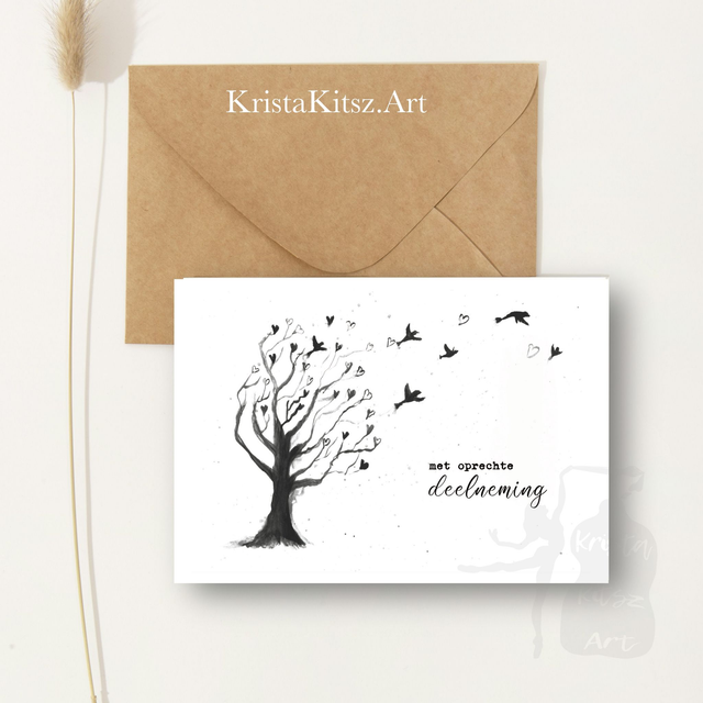 Gevouwen condoleance kaart, Oprechte deelneming , boom en vogels 