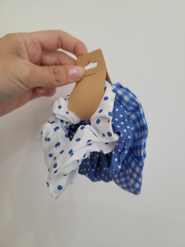 Blue dot and gingham scrunchie trio - HE-007