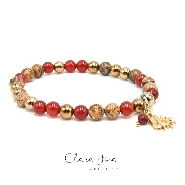 🔥 Bracelet Cornaline, Jaspe paysage &amp; Hématite dorée – Soleil