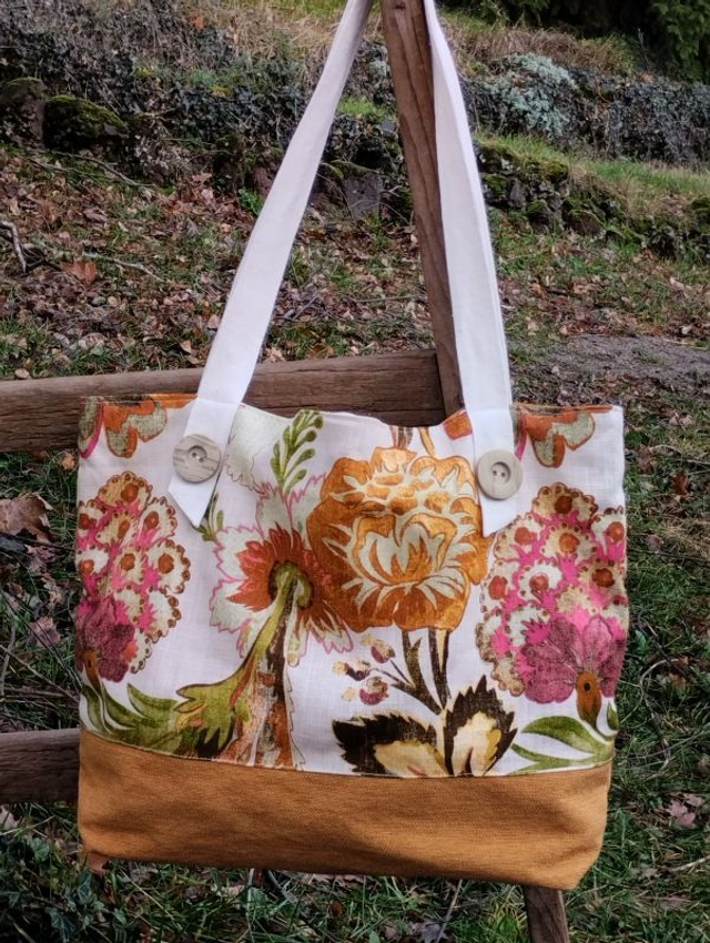 Sac cabas lin fleuri toile moutarde doublé toile à matelas beige