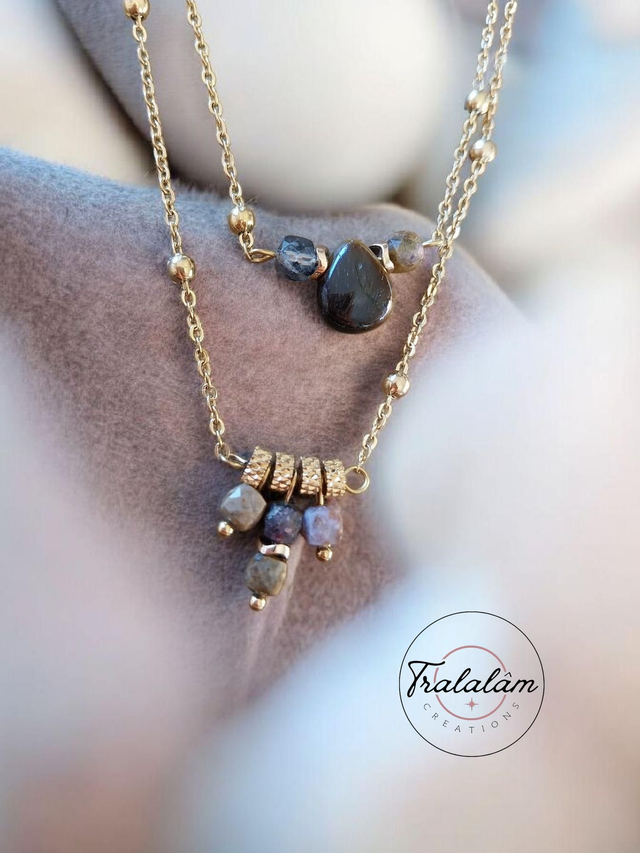 ✨Collier 2 en 1 doré goutte oeil de tigre et perles améthyste ✨